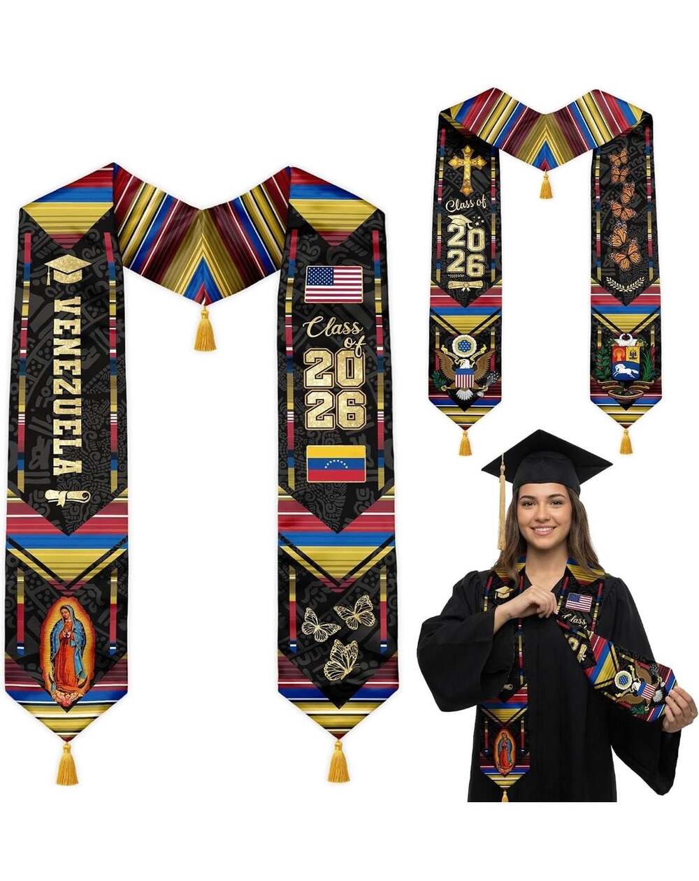 ZINYAM Class of 2026 Reversible Graduation Stole Sash with Gold Tassels - Venezu